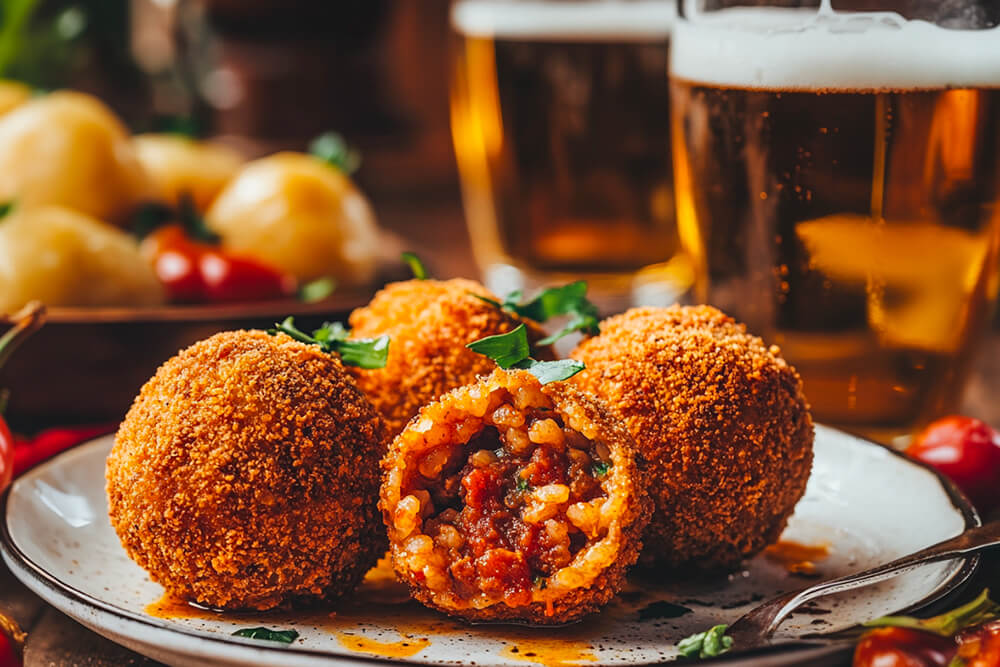 Arancine con carne, caponata e birra artigianali_